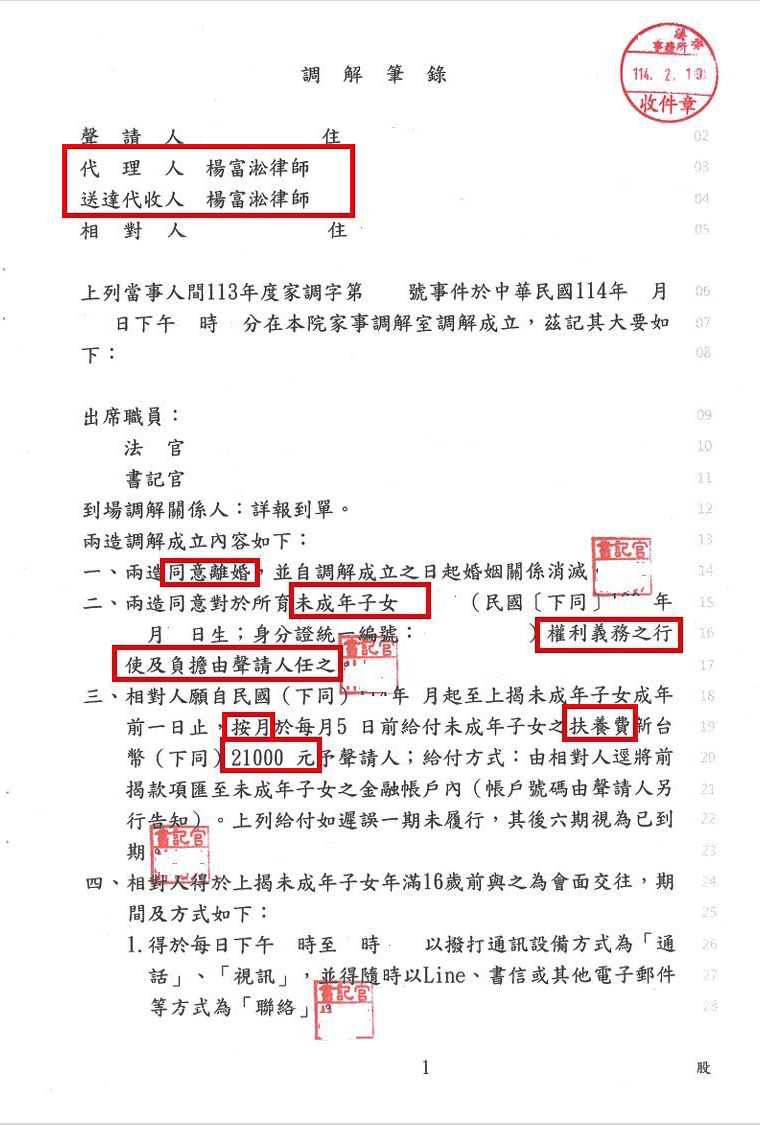 20250415離婚成立，委託人取得子女親權（監護權）、每月2萬1千元扶養費-1