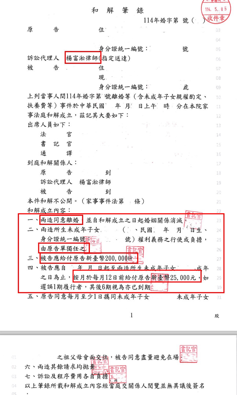 20250507 離婚、爭取子女單獨監護權與高額扶養費